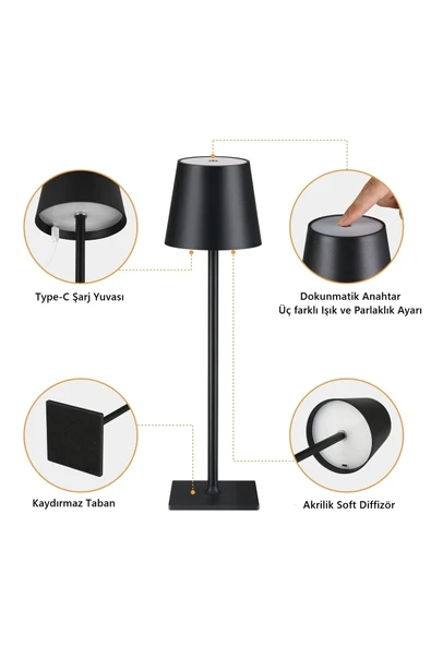 Ucuz Geldi Şarjlı Masa Lambası Dimmerli Dekoratif Abajur Cata İstanbul Siyah Dokunmatik Yemek Masası Lambası - Resim 5