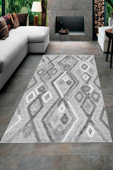 Makinede Yıkanabilir Leke Tutmaz  Gri Pvc Deri Kaymaz Taban Etnik Salon Saçaksız Halı A278  GRİ 120 x 200