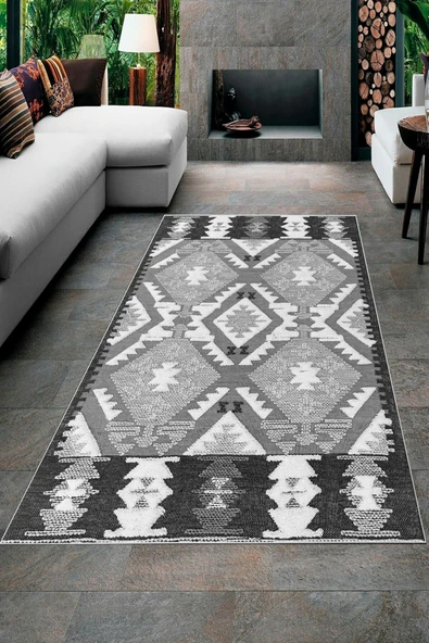 Makinede Yıkanabilir Leke Tutmaz  Gri Pvc Deri Kaymaz Taban Etnik Salon Saçaksız Halı A271  GRİ SİYAH 120 x 180