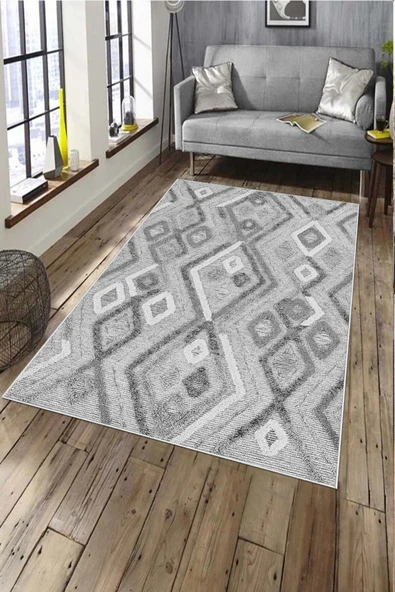 Makinede Yıkanabilir Leke Tutmaz  Gri Pvc Deri Kaymaz Taban Etnik Salon Saçaksız Halı A278  GRİ 120 x 180