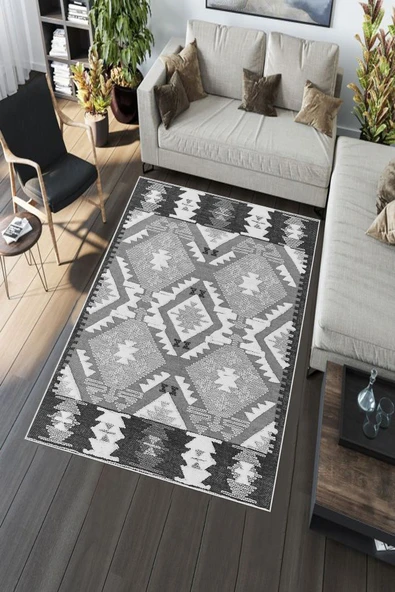 Makinede Yıkanabilir Leke Tutmaz  Gri Deko Deri Kaymaz Taban Etnik Salon Saçaksız Halı A271  GRİ 80 x 300 - Resim 5