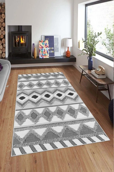 Makinede Yıkanabilir Leke Tutmaz  Gri Pvc Deri Kaymaz Taban Etnik Salon Saçaksız Halı A275  GRİ 80 x 200 - 3
