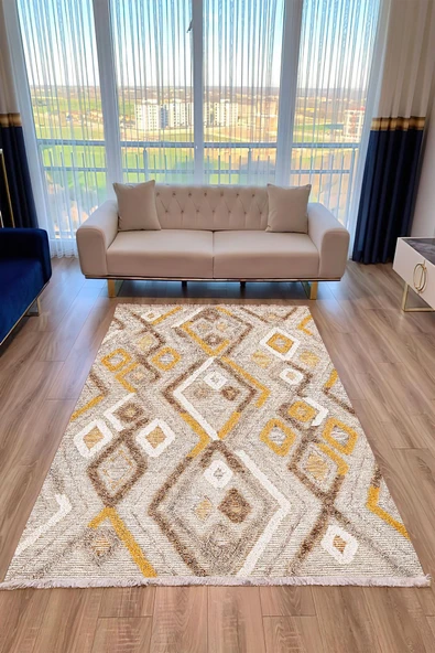 Makinede Yıkanabilir Leke Tutmaz  Hardal Dot Keçe Kaymaz Taban Etnik Salon Saçaksız Halı A277  KREM KAHVERENGİ 200 x 300 - Resim 6