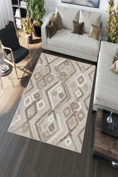 Makinede Yıkanabilir Leke Tutmaz  Kahverengi Deko Deri Kaymaz Taban Etnik Salon Saçaksız Halı A276  KAHVERENGİ 100 x 200 - 5