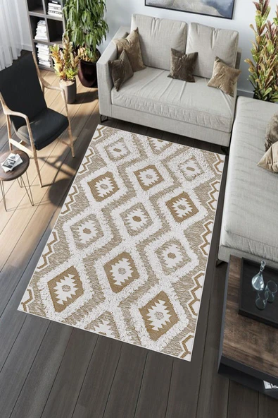 Makinede Yıkanabilir Leke Tutmaz  Kahverengi Deko Deri Kaymaz Taban Etnik Salon Saçaksız Halı A279  KAHVERENGİ 100 x 300 - 5