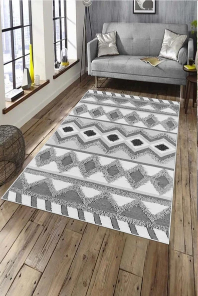 Makinede Yıkanabilir Leke Tutmaz  Gri Deko Deri Kaymaz Taban Etnik Salon Saçaksız Halı A275  GRİ 160 x 230