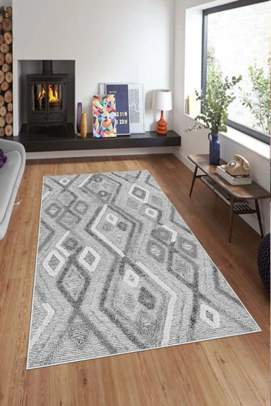 Makinede Yıkanabilir Leke Tutmaz  Gri Pvc Deri Kaymaz Taban Etnik Salon Saçaksız Halı A278  GRİ 120 x 180 - 3