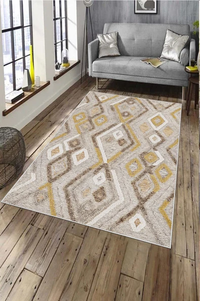 Makinede Yıkanabilir Leke Tutmaz  Hardal Deko Deri Kaymaz Taban Etnik Salon Saçaksız Halı A277  HARDAL 200 x 300