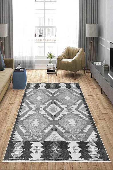 Makinede Yıkanabilir Leke Tutmaz  Gri Deko Deri Kaymaz Taban Etnik Salon Saçaksız Halı A271  GRİ 80 x 300 - Resim 4