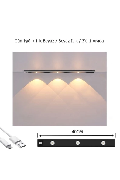 Ucuz Geldi Sensörlü Şarjlı 3 Farklı Işık Renkli Dimmerli 40cm Siyah Cata Bella Ultra Slim Kabin Led - 3