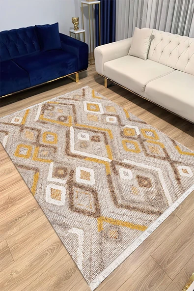 Makinede Yıkanabilir Leke Tutmaz  Hardal Dot Keçe Kaymaz Taban Etnik Salon Saçaksız Halı A277  KREM KAHVERENGİ 80 x 300