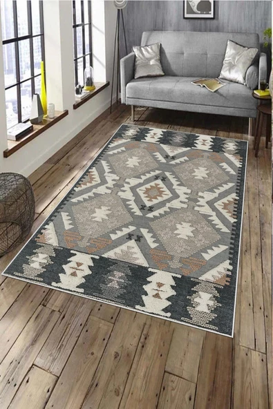 Makinede Yıkanabilir Leke Tutmaz  Multi Pvc Deri Kaymaz Taban Etnik Salon Saçaksız Halı A272  MULTİ 180 x 280