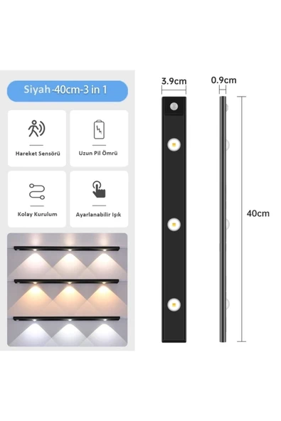 Ucuz Geldi Sensörlü Şarjlı 3 Farklı Işık Renkli Dimmerli 40cm Siyah Cata Bella Ultra Slim Kabin Led - 5