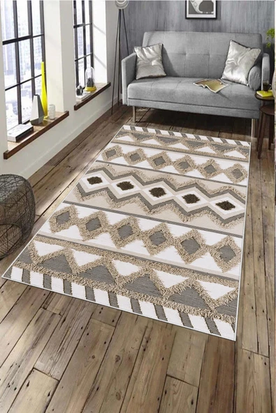 Makinede Yıkanabilir Leke Tutmaz  Kahverengi Pvc Deri Kaymaz Taban Etnik Salon Saçaksız Halı A273  KAHVERENGİ 120 x 180