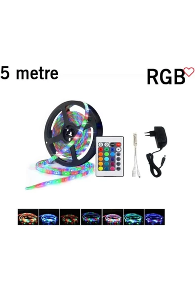 Ucuz Geldi RGB Animasyonlu Şerit LED 5 Mt Kendinden Trafolu Renk Değiştiren Kumandalı Çok Renkli Rgb Şerit Led - 5