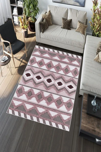 Makinede Yıkanabilir Leke Tutmaz  Pembe Deko Deri Kaymaz Taban Etnik Salon Saçaksız Halı A274  PEMBE 200 x 300 - 5