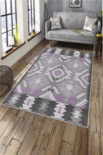 Makinede Yıkanabilir Leke Tutmaz  Fuşya Pvc Deri Kaymaz Taban Etnik Salon Saçaksız Halı A270  FUŞYA 100 x 300