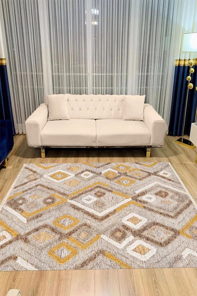 Makinede Yıkanabilir Leke Tutmaz  Hardal Dot Keçe Kaymaz Taban Etnik Salon Saçaksız Halı A277  KREM KAHVERENGİ 200 x 300 - Resim 4