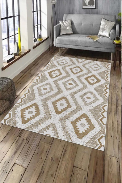 Makinede Yıkanabilir Leke Tutmaz  Kahverengi Deko Deri Kaymaz Taban Etnik Salon Saçaksız Halı A279  KAHVERENGİ 100 x 200