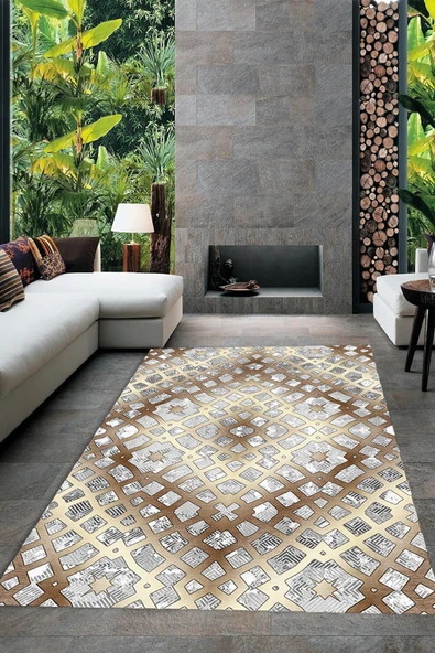 Makinede Yıkanabilir Leke Tutmaz  PEMBE-GRİ Dijital Baskı Modern Tasarım Deri Kaymaz Taban Salon Halısı A388  KAHVE-GRİ 100 x 200