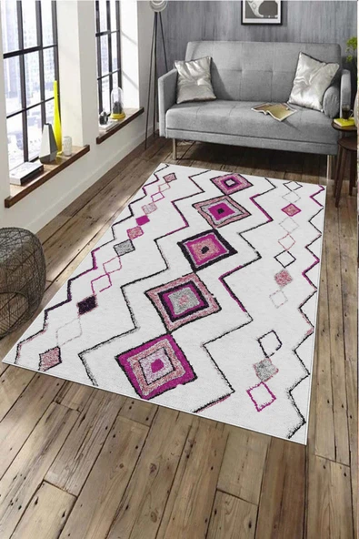Makinede Yıkanabilir Leke Tutmaz  Pembe Pvc Deri Kaymaz Taban Etnik Salon Saçaksız Halı A292  PEMBE-PUDRA 120 x 180