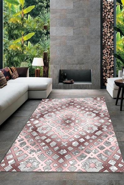 Makinede Yıkanabilir Leke Tutmaz  PEMBE-GRİ Dijital Baskı Modern Tasarım Deri Kaymaz Taban Salon Halısı A388  PEMBE-GRİ 120 x 180