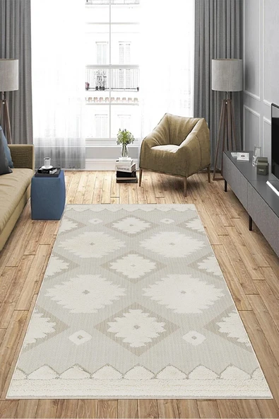 Makinede Yıkanabilir Leke Tutmaz  Bej Deko Deri Kaymaz Taban Etnik Salon Saçaksız Halı A285  BEJ 180 x 280 - Resim 3