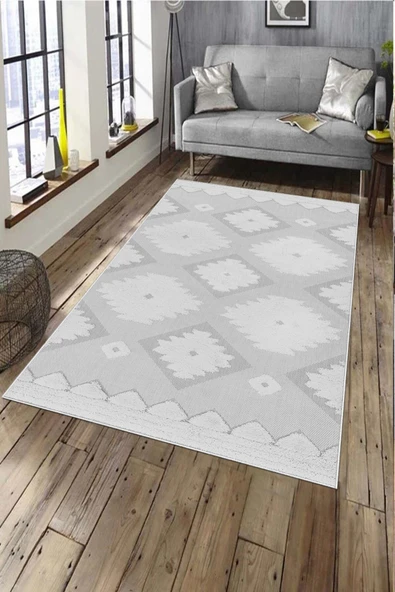 Makinede Yıkanabilir Leke Tutmaz  Açık Gri Pvc Deri Kaymaz Taban Etnik Salon Saçaksız Halı A287  AÇIK GRİ 80 x 150