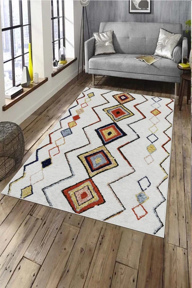 Makinede Yıkanabilir Leke Tutmaz  Multi Deko Deri Kaymaz Taban Etnik Salon Saçaksız Halı A291  MULTİ 80 x 150