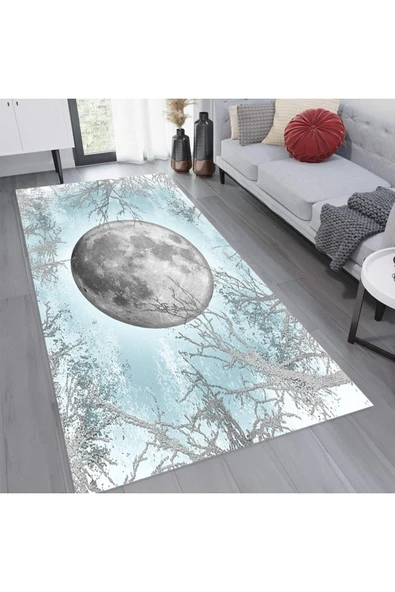 Makinede Yıkanabilir Leke Tutmaz  Mavi-Gri Dijital Baskı PVC Kaymaz Dolunay Desenli Salon Halısı A316  200 x 290 Mavi-Gri