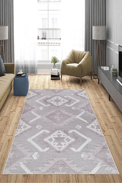 Makinede Yıkanabilir Leke Tutmaz  Pudra Pvc Deri Kaymaz Taban Etnik Salon Saçaksız Halı A289  PUDRA 80 x 200 - 4