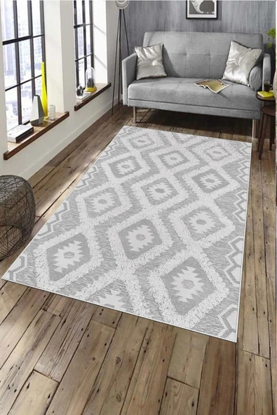 Makinede Yıkanabilir Leke Tutmaz  Açık Gri Deko Deri Kaymaz Taban Etnik Salon Saçaksız Halı A281  AÇIK GRİ 80 x 150