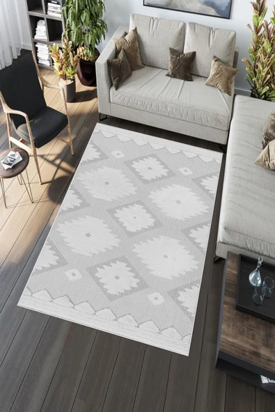 Makinede Yıkanabilir Leke Tutmaz  Açık Gri Deko Deri Kaymaz Taban Etnik Desen Salon Saçaksız Halı A287  AÇIK GRİ 100 x 300 - Resim 5