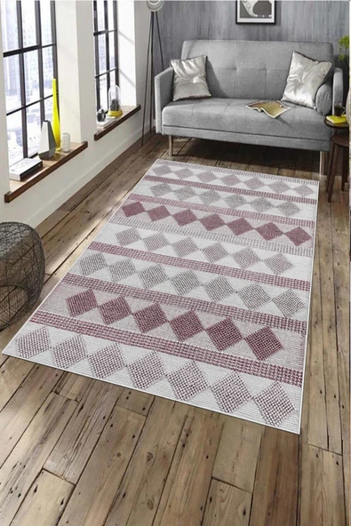 Makinede Yıkanabilir Leke Tutmaz  Pembe Deko Deri Kaymaz Taban Etnik Salon Saçaksız Halı A283  PEMBE 120 x 180