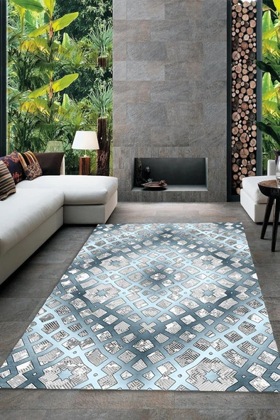 Makinede Yıkanabilir Leke Tutmaz  PEMBE-GRİ Dijital Baskı Modern Tasarım Deri Kaymaz Taban Salon Halısı A388  MAVİ - GRİ 120 x 180 ürün görseli