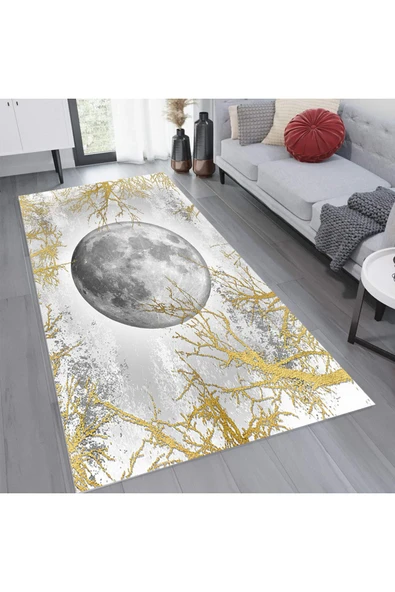 Makinede Yıkanabilir Leke Tutmaz  Mavi-Gri Dijital Baskı PVC Kaymaz Dolunay Desenli Salon Halısı A316  Gri-Gold 200 x 290