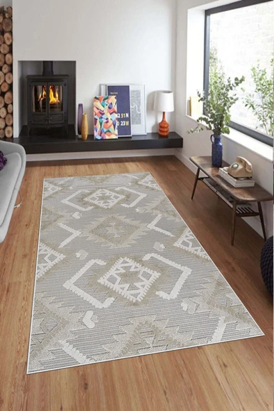 Makinede Yıkanabilir Leke Tutmaz  Vizon Pvc Deri Kaymaz Taban Etnik Salon Saçaksız Halı A290  VİZON 160 x 230 - 10