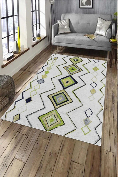 Makinede Yıkanabilir Leke Tutmaz  Fıstık Yeşili Pvc Deri Kaymaz Taban Etnik Salon Saçaksız Halı A293  180 x 280 FISTIK YEŞİLİ
