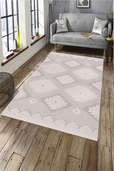 Makinede Yıkanabilir Leke Tutmaz  Pudra Pvc Deri Kaymaz Taban Etnik Salon Saçaksız Halı A286  PUDRA 100 x 300