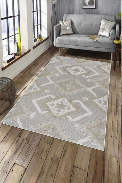 Makinede Yıkanabilir Leke Tutmaz  Vizon Pvc Deri Kaymaz Taban Etnik Salon Saçaksız Halı A290  VİZON 80 x 200