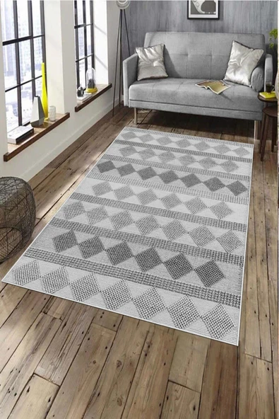 Makinede Yıkanabilir Leke Tutmaz  Gri Deko Deri Kaymaz Taban Etnik Salon Saçaksız Halı A284  GRİ 100 x 300