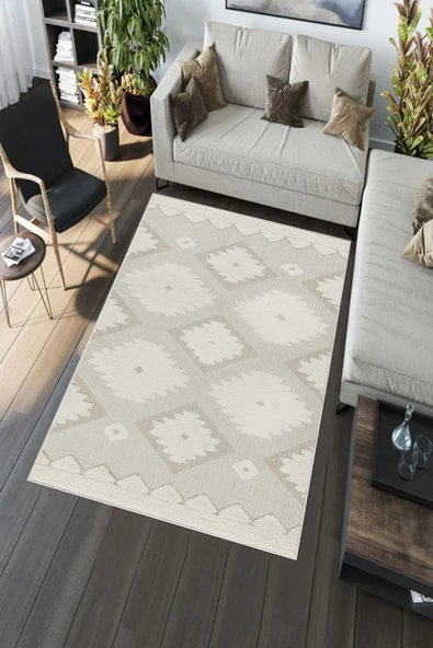 Makinede Yıkanabilir Leke Tutmaz  Bej Pvc Deri Kaymaz Taban Etnik Salon Saçaksız Halı A285  BEJ 160 x 230 - 5