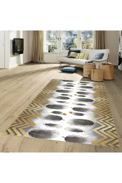 Makinede Yıkanabilir Leke Tutmaz  GRİ - GOLD Dijital Baskı Yeni Sezon Tüy Modeli PVC Kaymaz Taban Salon Halısı A330  GRİ - GOLD 100 x 200
