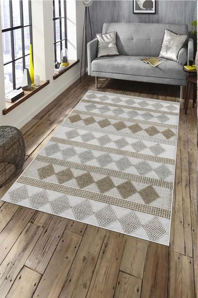 Makinede Yıkanabilir Leke Tutmaz  Kahverengi Pvc Deri Kaymaz Taban Etnik Salon Saçaksız Halı A282  KAHVERENGİ 100 x 300