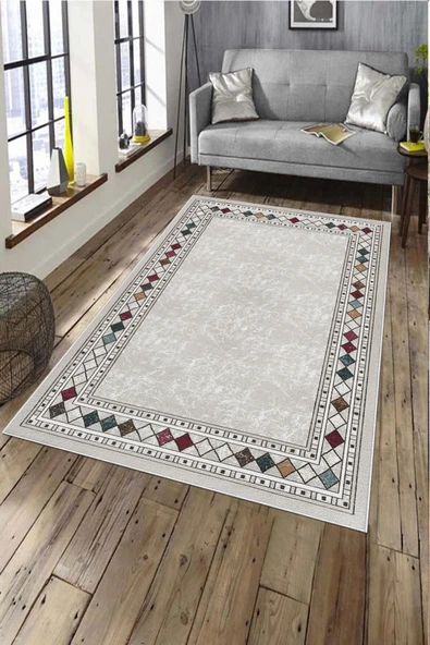 Makinede Yıkanabilir Leke Tutmaz  Multi Pvc Deri Kaymaz Taban Etnik Çerçeve Salon Saçaksız Halı A294  MULTİ 100 x 200