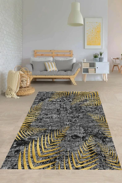 Makinede Yıkanabilir Leke Tutmaz  Siyah-Gold Pvc Deri Kaymaz Taban Modern Salon Saçaksız Halı A38  ÇOKLU 100 x 200