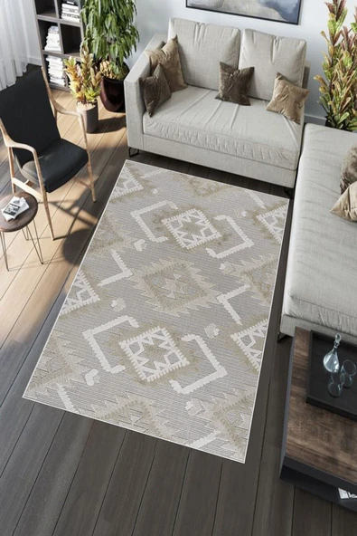 Makinede Yıkanabilir Leke Tutmaz  Vizon Deko Deri Kaymaz Taban Etnik Salon Saçaksız Halı A290  VİZON 120 x 180 - 5