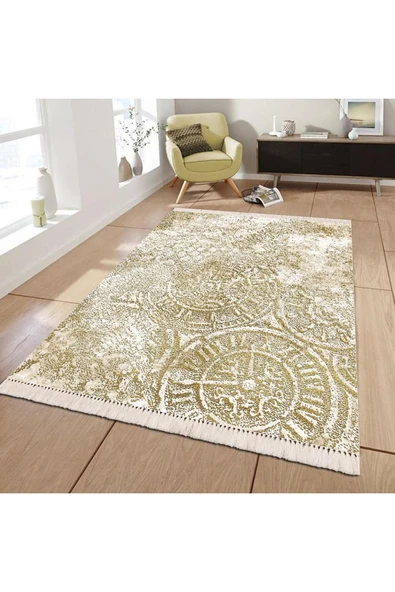 Makinede Yıkanabilir Leke Tutmaz  Gold Pvc Deri Kaymaz Taban Vintage Salon Saçaksız Halı A48  ÇOKLU 200 x 300