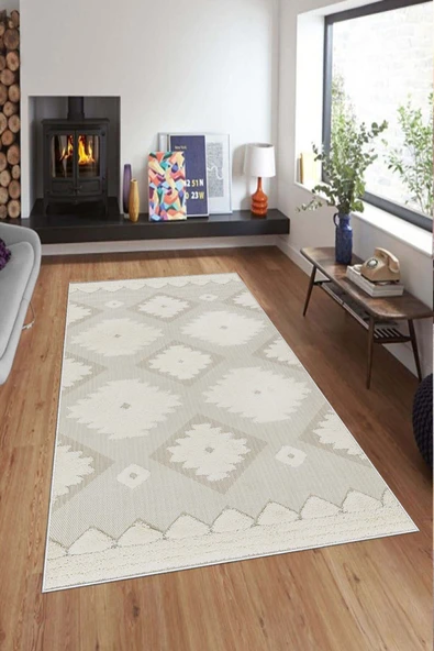 Makinede Yıkanabilir Leke Tutmaz  Bej Deko Deri Kaymaz Taban Etnik Salon Saçaksız Halı A285  BEJ 180 x 280 - Resim 4