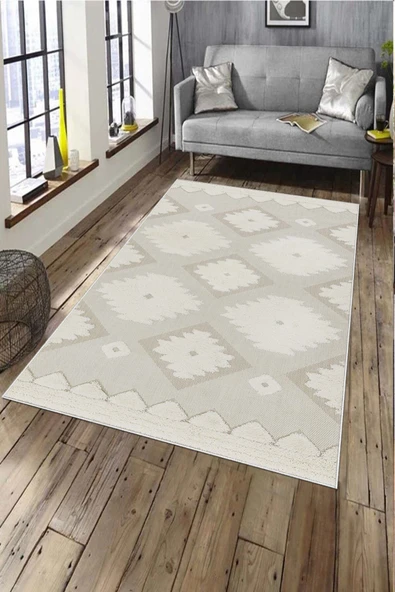Makinede Yıkanabilir Leke Tutmaz  Bej Pvc Deri Kaymaz Taban Etnik Salon Saçaksız Halı A285  BEJ 160 x 230